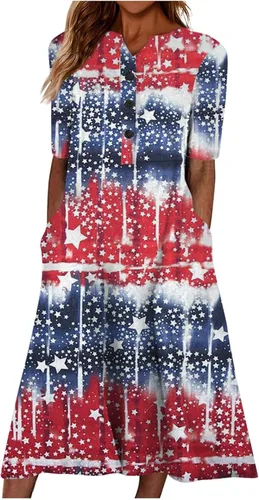 perfectbot Dress for Women Independence Day Dress Summer American Flag Short Sleeve Pocket Crew Neck Flowy Midi Dresses