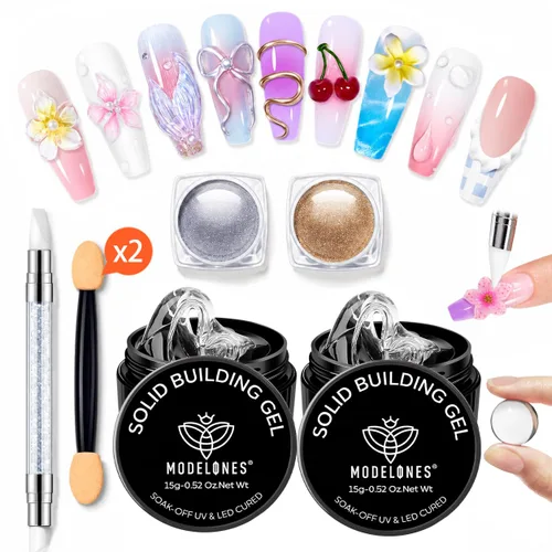 modelones Kit de arte de uñas de gel 3D, gel sólido no pegajoso para esculpir arte de uñas y extensiones con polvo cromado para principiantes o uñas