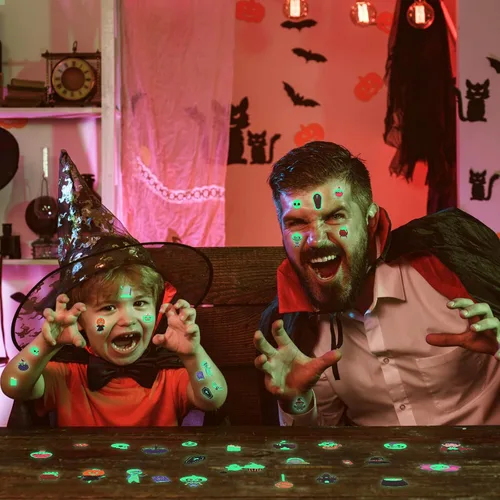 Miniatura 7 de Sinmoe - 400 piezas de 30 hojas de tatuajes que brillan en la oscuridad para niños, estilos mixtos, calcomanías luminosas temporales para niños
