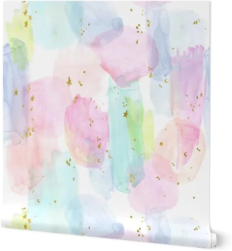 Papel tapiz autoadhesivo para despegar y pegar, diseño de estrellas de acuarela de arcoíris, dorado, algodón, caramelo, pastel, unicornio, papel