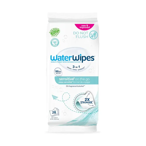 WaterWipes Sensitive+ On The Go Wipes, 3 en 1 limpia, cuida, protege, 99.9% de agua, toallitas húmedas hipoalergénicas y sin perfume, 28 unidades