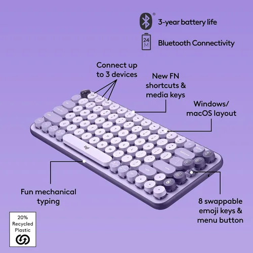 Miniatura 6 de Logitech POP Keys - Teclado mecánico inalámbrico con teclas Emoji personalizables, diseño compacto duradero, conectividad Bluetooth o USB, Cosmos
