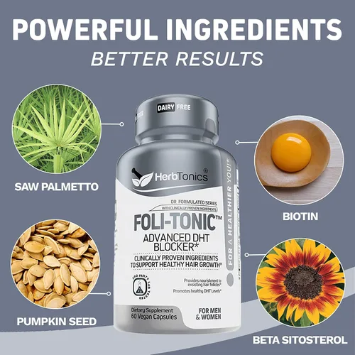 Miniatura 4 de FoliTonic DHT Bloqueador y suplemento de pérdida de cabello Adelgazamiento del cabello y promueve el crecimiento saludable del cabello más grueso