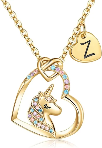 STORUP Collar de regalo para mujer, collar de unicornio con inicial de corazón para mujer, joyería con inicial, regalos de unicornio, juguetes de
