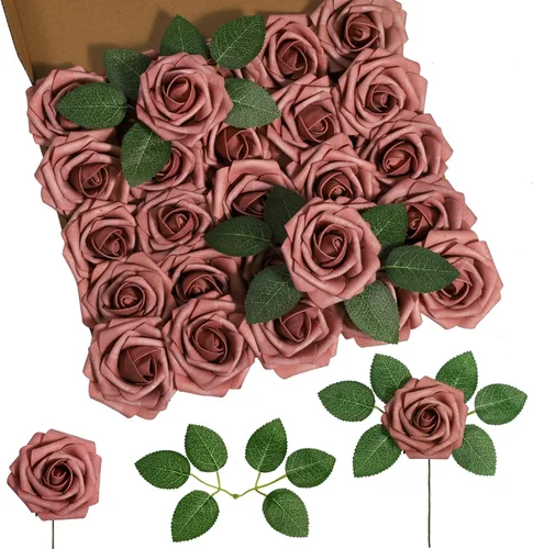Miniatura 24 de DuHouse 25 rosas artificiales con tallos, flores de espuma de tacto real para bricolaje, ramo de boda, centro de mesa, arreglo floral, fiesta, Verde