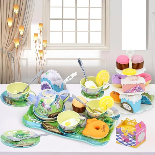 Miniatura 2 de Juego de fiesta de té para niñas pequeñas, 50 piezas, princesa, caballo, tiempo de té, juguete que incluye golosinas para jugar, bandeja de tetera