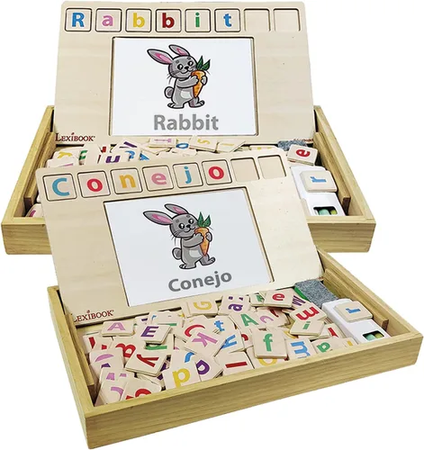 Lexibook Bio Toys Word School, Bilingüe Español/Inglés, Juego de madera, 50 tarjetas de palabras, alfabeto, juego educativo, EDU100i2