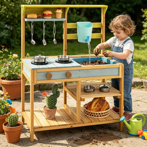 Miniatura 12 de HONEY JOY Cocina de barro, cocina de madera de abeto para niños, mesa de barro, agua corriente, fregadero extraíble, juego de cocina para niños al