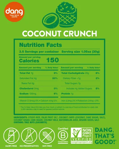 Miniatura 4 de Dang Chips de arroz tailandés Coconut Crunch Paquete de 12 Crujientes de arroz veganos, sin gluten, sin OMG, aperitivos saludables hechos