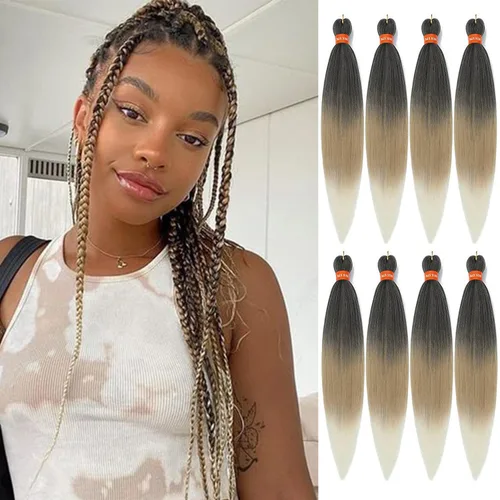 Miniatura 26 de Cabello trenzado preestirado ombré, extensiones de cabello trenzado sedoso, sin picazón, trenzas de cabello trenzado de ganchillo con textura Yaki