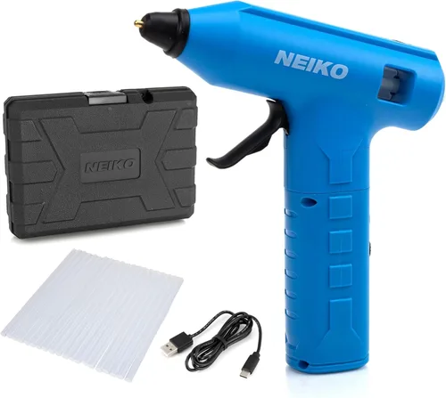 NEIKO Pistola de pegamento inalámbrica 10582A, pistola de pegamento caliente recargable de 20 W, 20 barras de pegamento incluidas, boquilla