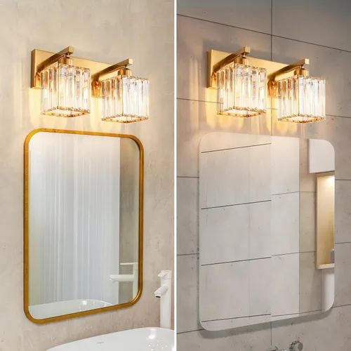 Miniatura 4 de Lámpara de cristal de pared moderna de latón cepillado dorado con 2 luces para tocador de baño Oro Recto