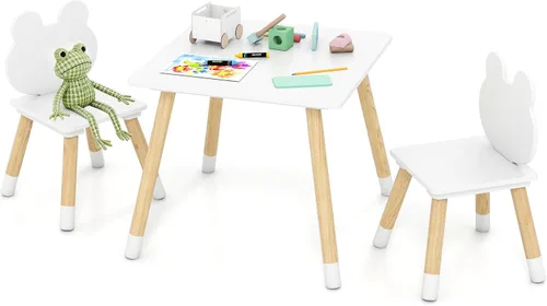 HONEY JOY Juego de mesa y silla para niños, juego de mesa de actividades de madera y 2 sillas, patas de madera maciza, fácil montaje, juego de