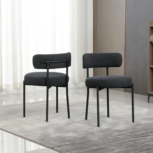 Miniatura 7 de Juego de 2 sillas de comedor negras redondas tapizadas de bouclé para el comedor, sillas de cocina modernas de mediados de siglo con respaldo curvo