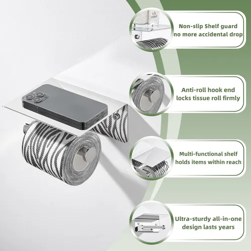 Miniatura 6 de APLusee Soporte de papel higiénico con estante para teléfono, cromo pulido, accesorios de baño de acero inoxidable SUS 304, dispensador de rollos