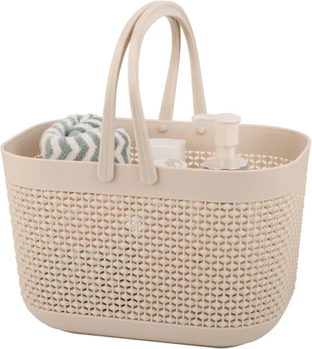 UUJOLY Cestas de almacenamiento de plástico con asas, organizador de cubos de ducha para baño y cocina, color beige