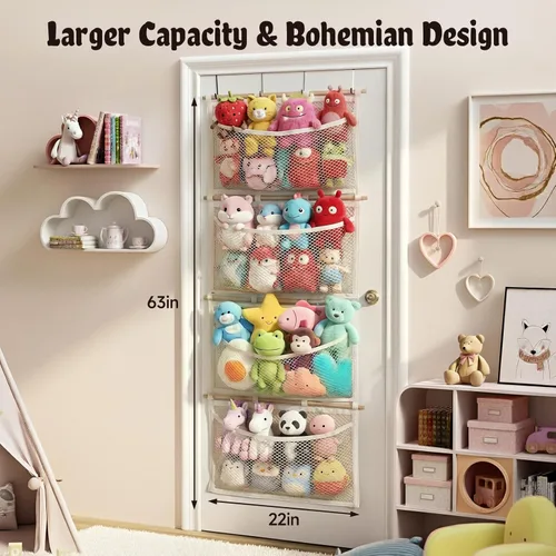Miniatura 2 de Almacenamiento de animales de peluche de gran capacidad con gancho de metal y palo de madera, organizador de juguetes de peluche colgante, hamaca
