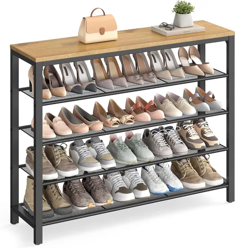Miniatura 8 de VASAGLE Zapatero de 4 niveles, organizador grande de almacenamiento de zapatos para armario, entrada, 15-20 pares, con 3 estantes de malla metálica
