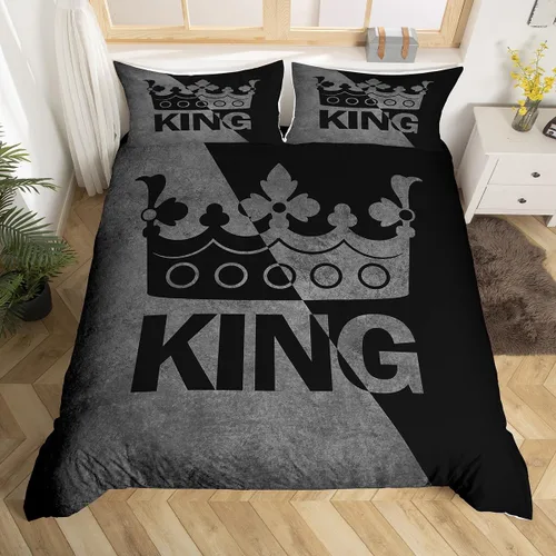 Juego de ropa de cama King con corona, tamaño individual, color gris y negro, con estampado de corona, juego de funda de edredón de 2 piezas para