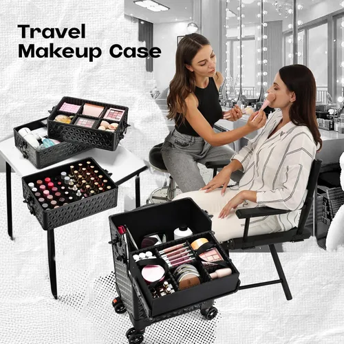 Miniatura 4 de Yueieoun Maletín de Maquillaje Profesional 5 en 1 con Ruedas, Estuche de Cosméticos Extra Grande de Aluminio Rodante Trolley de Maquillaje Negro Air