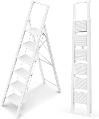 WOA WOA Escalera de 6 peldaños, escaleras plegables ligeras con peldaños anchos, escalera delgada para espacios estrechos, escalera alta para techos