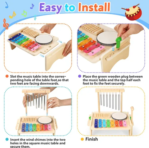 Miniatura 3 de Juego de batería para niños, instrumento musical para bebés, xilófono de madera para niños pequeños con juego de batería para bebé y campanilla