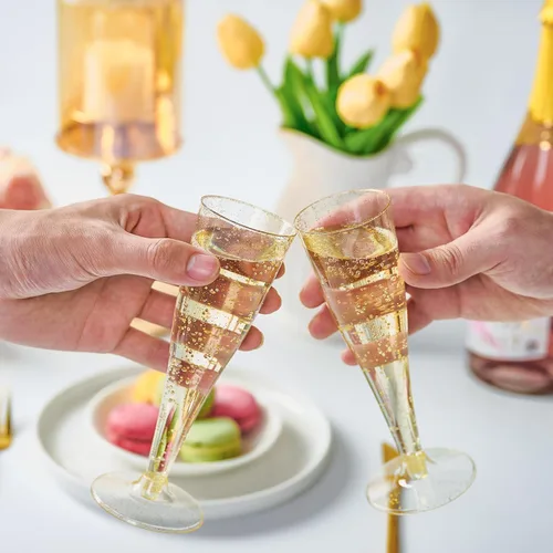 Miniatura 8 de FOCUSLINE Paquete de 100 copas de champán de plástico, vasos de champán de plástico con purpurina dorada de 4.5 onzas, vasos desechables Copas