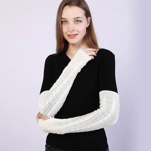 Miniatura 14 de Bellady Guantes de invierno para mujer, cálidos sobre el codo, guantes largos sin dedos con agujero para el pulgar, guantes de punto para calentar