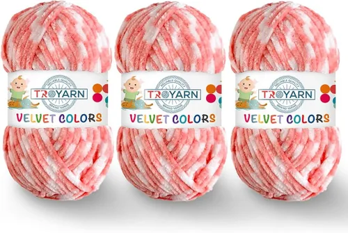 Miniatura 9 de TROYARN Hilo de lana de terciopelo en colores (paquete de 3 madejas) Chenille para manta Amigurumi, hilo para crochet y punto súper voluminoso 3x100