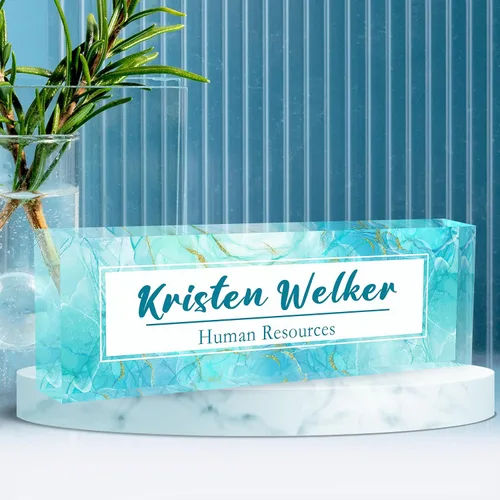 Placa de nombre de escritorio personalizada, placa de nombre de acrílico de mármol azul degradado de alta calidad, placa de nombre personalizada
