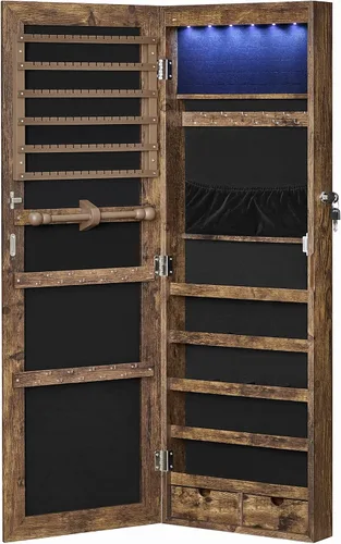 SONGMICS UJJC099X01 - Armario de joyería colgante armario de pared con luces interiores LED organizador de joyas montado en la puerta espejo de