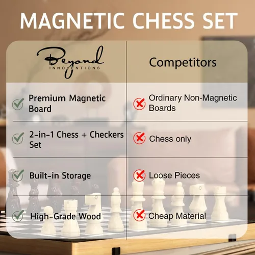 Miniatura 7 de Juego de ajedrez magnético de madera y juego de mesa de damas, tablero de ajedrez plegable de 15 pulgadas Juego de mesa 2 en 1 de madera maciza
