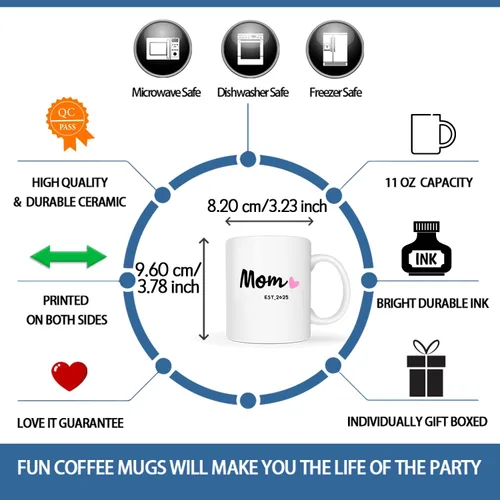 Miniatura 4 de MAUAG Mom Est 2025 Taza de Café, Taza para el Día de la Madre, Regalos para la Nueva Mamá para Mujeres Ella, Taza para Mamás Primerizas, Blanca 11