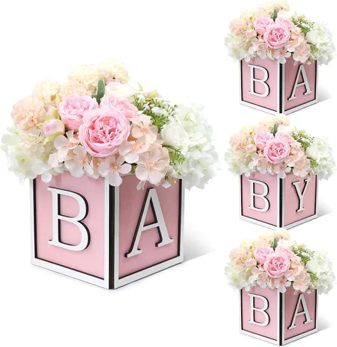 Juego de 4 centros de mesa de baby shower para mesas, cajas de madera de 6 pulgadas con letras de bebé, cubos rústicos, bloques de madera para Rosa
