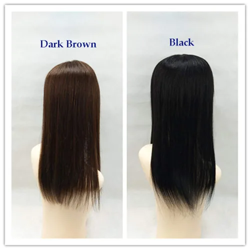 Miniatura 5 de Peluca de cabello humano lacio de 18 pulgadas de largo con flequillo, clip en la parte superior para mujeres con cabello delgado, color marrón oscuro