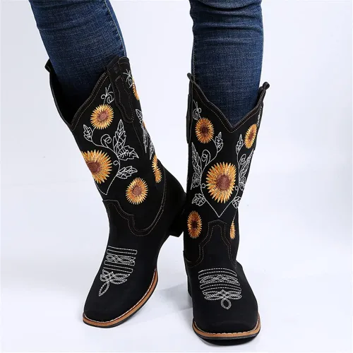 Miniatura 5 de Botas vaqueras bordadas con girasol para mujer, botas vaqueras con punta cuadrada, botas altas de vaquera para todas las estaciones y ocasiones