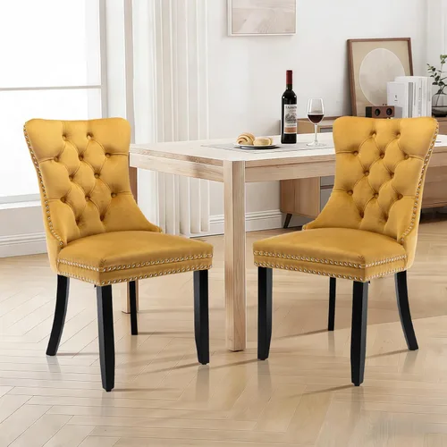 Miniatura 78 de Juego de 2 sillas de comedor de terciopelo tapizadas con ribete de cabeza de clavo y patas doradas chapadas en acero inoxidable para cocina