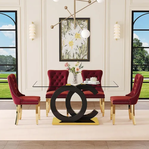 Miniatura 19 de Juego de mesa de comedor de cristal de 63 pulgadas para 6, juego de mesa de comedor moderno para 6, mesa de vidrio templado con patas negras