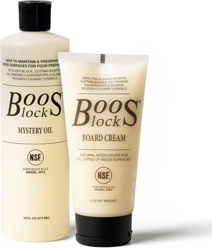 John Boos Juego de cuidado de 2 piezas, Mystery Oil de 16 oz y Board Cream de 5 oz - Fórmula de mantenimiento totalmente natural para bloques de