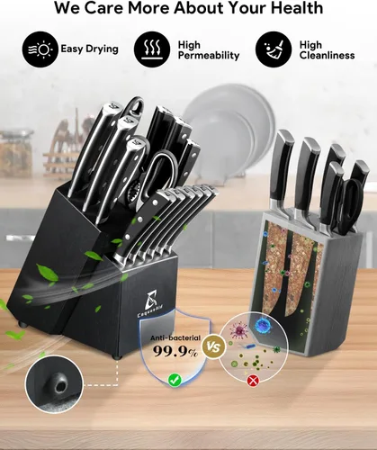 Miniatura 2 de Juego de cuchillos, juegos de bloques de cuchillos de cocina con afilador, juego de 6 cuchillos para carne ondulados con bloque, 15 piezas de Negro