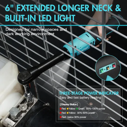 Miniatura 6 de DURATECH Llave de trinquete inalámbrica extendida, 3/8 pulgadas, 12 V, 44 pies, llave de trinquete eléctrica de cuello largo con 2 baterías de iones