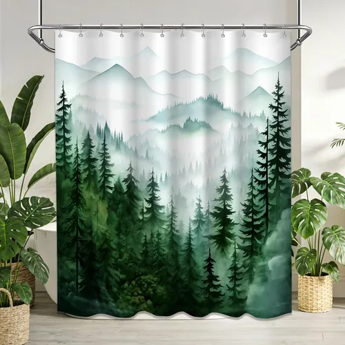 Miniatura 41 de Cortina de ducha azul marino de bosque Cortina de ducha azul oscuro de montaña y naturaleza para decoración de baño de hombres, tela impermeable