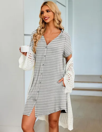Miniatura 2 de Ekouaer Camisón de manga corta con botones para mujer, cuello en V, suave, pijama con bolsillos