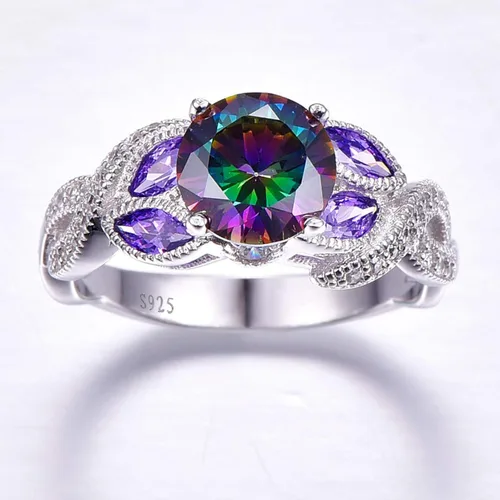 Miniatura 2 de Anillo de compromiso de plata de ley 925 de 3.6 quilates para mujer, topacio arcoíris zafiro aguamarina Anillo de compromiso para mujer
