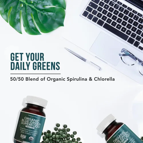 Miniatura 3 de Tabletas orgánicas de espirulina y clorella – 4 certificaciones orgánicas, crudas, no irradiadas – 50/50 mezcla de algas verdes azules – Contenido