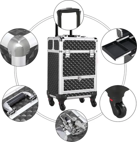 Miniatura 3 de Yaheetech Estuche de Maquillaje Tipo Tren con Ruedas, Estuche de Aluminio para Cosméticos con Ruedas, Estuche de Barbero para Salón, Carrito