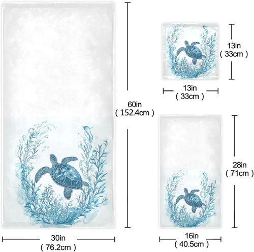 Miniatura 2 de Naanle Juego de 3 toallas suaves de lujo con diseño de tortuga marina oceánica, 1 toalla de baño+1 toalla de mano + 1 toallita, multiusos para baño