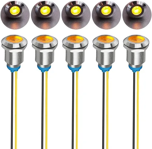 Miniatura 31 de Gebildet 5 unids 0.472 in AC/DC 12-24V LED indicador de metal luz impermeable señal lámpara piloto Dash direccional coche camión barco con alambre