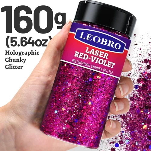 Miniatura 2 de Leobro - Purpurina roja, 160 g / 5.64 oz, purpurina holográfica gruesa para manualidades, resina, uñas, cuerpo, decoraciones DIY Láser rojo-violeta