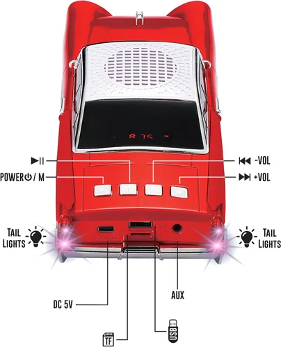Miniatura 5 de QFX Altavoz Bluetooth 1959 Retro Clásico de Coche, Altavoces Duales de 2 Pulgadas, Enlace Manos Libres, Micrófono Integrado, Radio FM y Luces LED